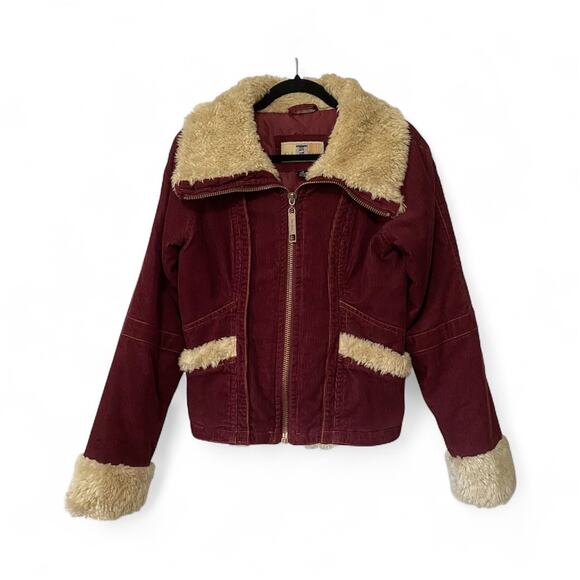 Vintage Y2K Big Chill Corduroy Aviator Jacket Burgundy Red Fur Women’s M - Picture 1 of 10